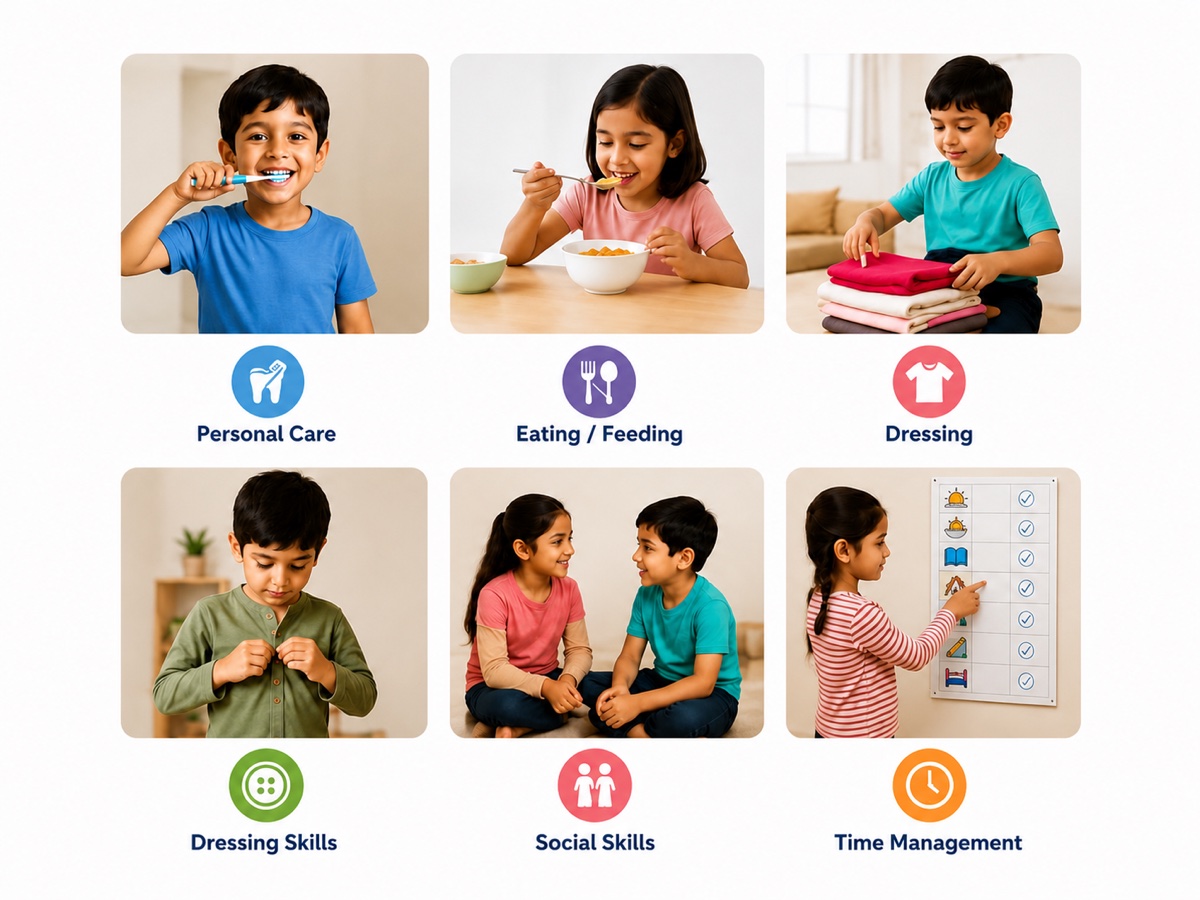 Children practicing personal care, feeding, dressing, social skills, and time management