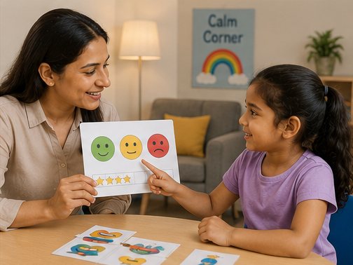 Behaviour therapist helping a child recognise emotions and build positive skills