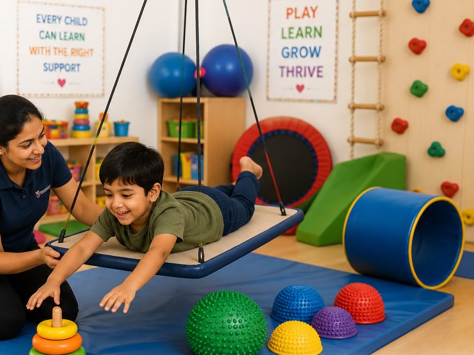 Occupational therapist supporting a child during a sensory motor activity