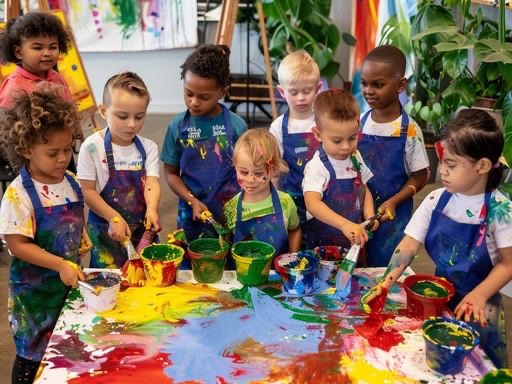 Children learning together through a colorful group painting activity
