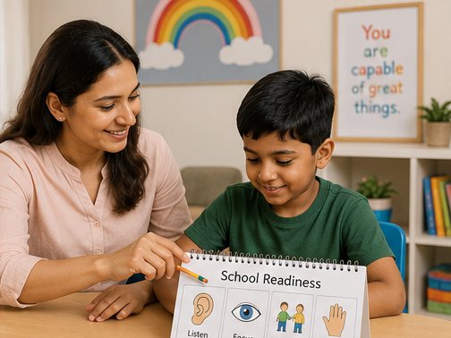 Educator helping a child practise school readiness skills
