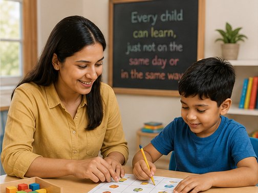 Special educator supporting a child with an individual learning activity