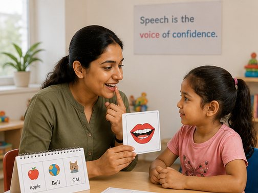 Speech therapist helping a child practice sounds and words