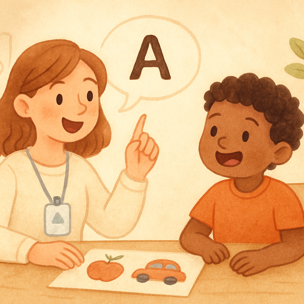 Speech therapist helping a child practice sounds and words